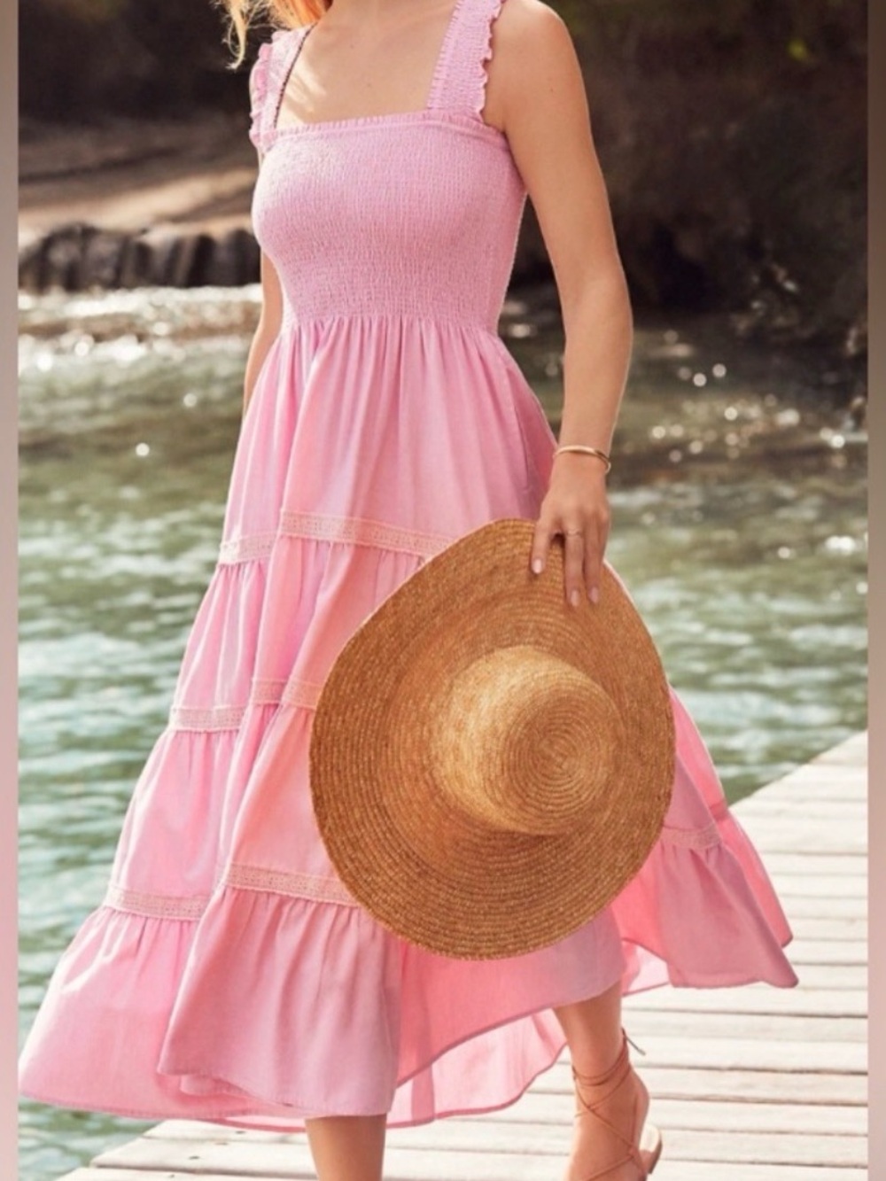 NWOT Lands' End Pink Cotton Smocked Midi Dress - Small (6-8)